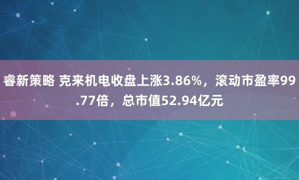 睿新策略 克来机电收盘上涨3.86%，滚动市盈率99.77倍，总市值52.94亿元